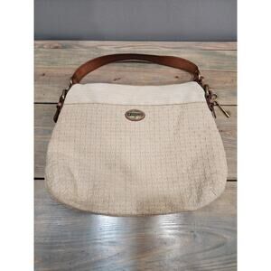 FOSSIL Explorer Foldover Flap Leather and Textured Canvas Cotton Shoulder Bag